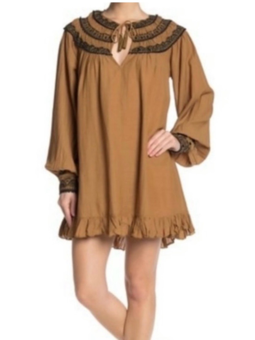 Free People Erin Embroidered Brown Ruffle-Hem Mini Dress